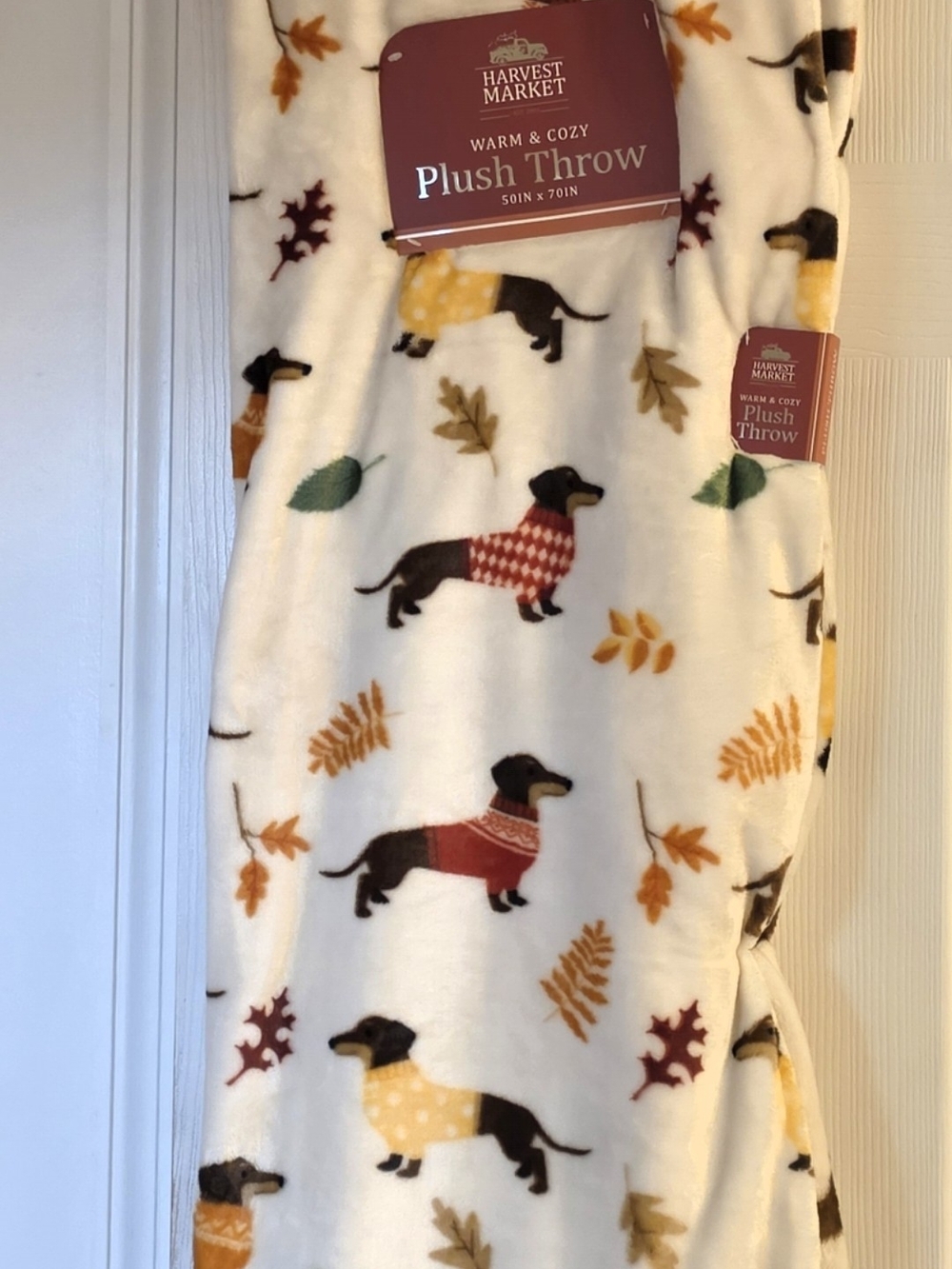 White Plush Throw with Colorful Dachshund Print